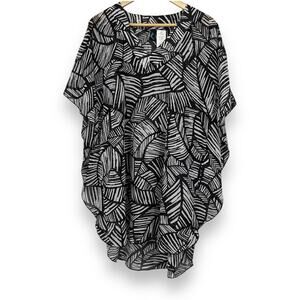 Azul Swim Pullover Sheer Tunic Cover Leaf Print Women's S Black White Beach Pool